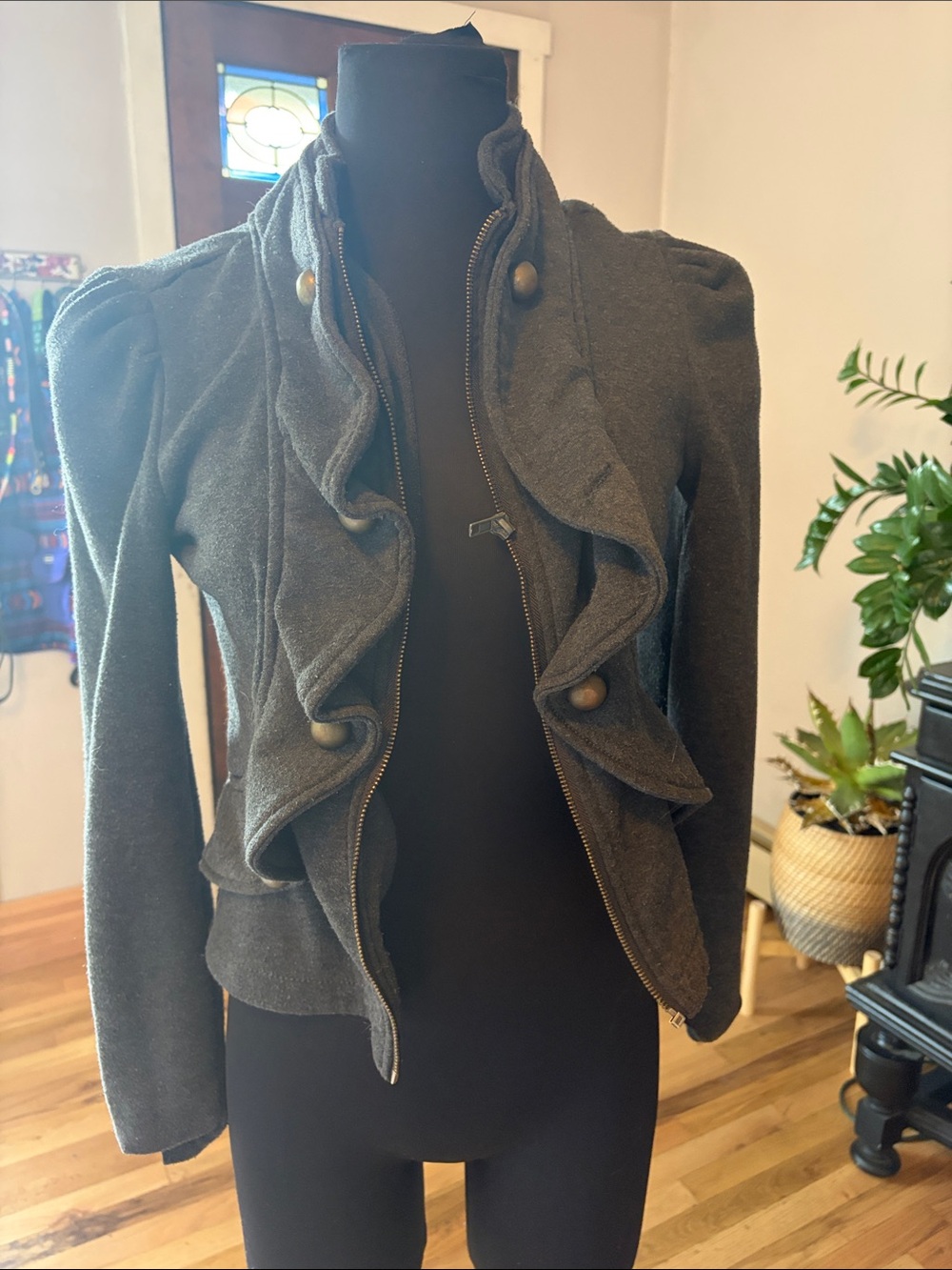 Modcloth Olive Green Ruffle Zip Blazer